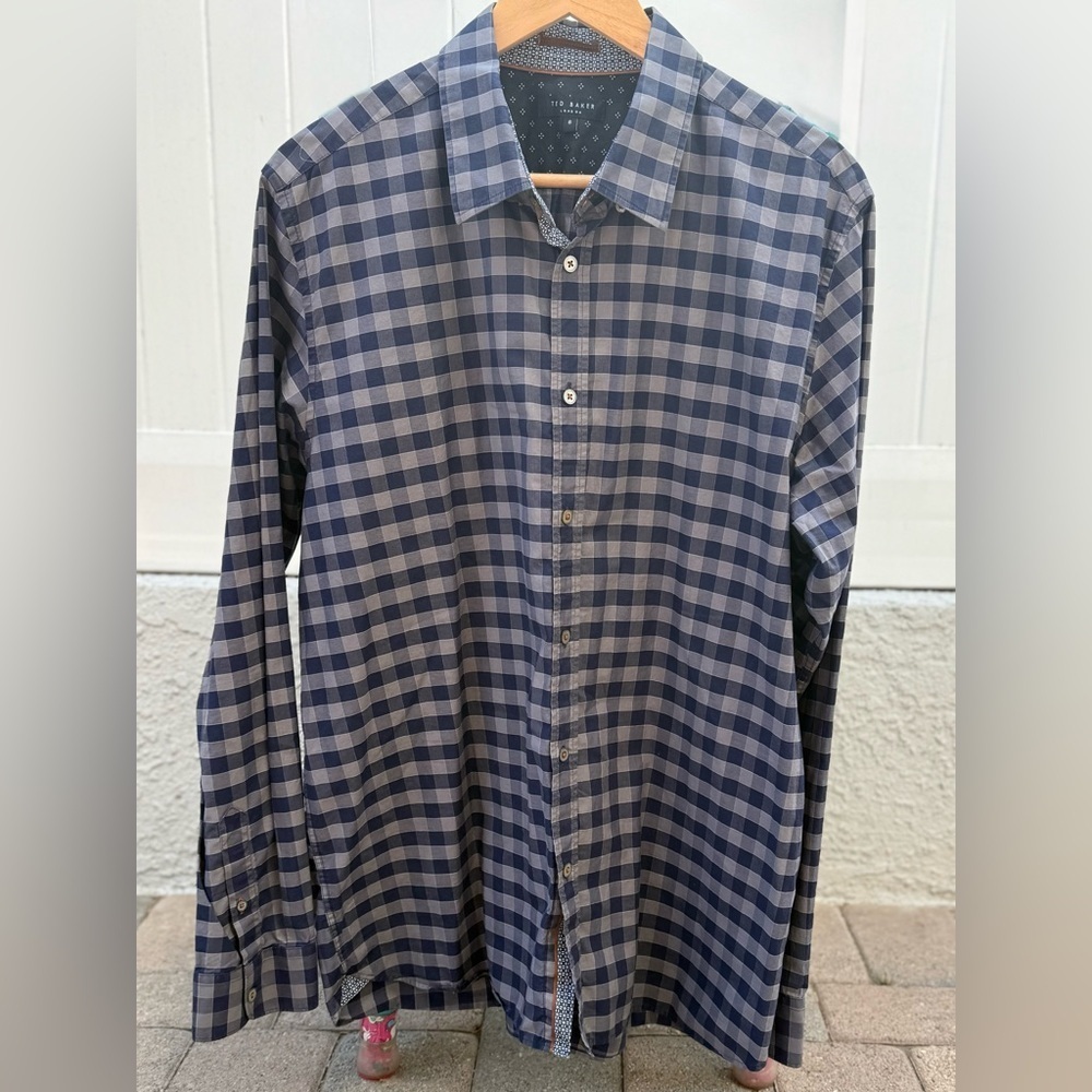 Ted Baker London Men’s Button-Up Shirt Size 6 (L) Navy Gray Checkered Cotton